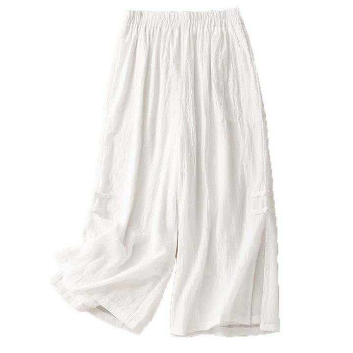 Pantaloni larghi da donna in cotone e lino con bottoni cinesi, tinta unita , Buddha Stones
