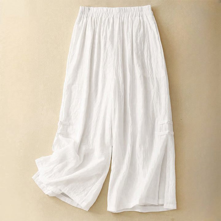 Pantaloni larghi da donna in cotone e lino con bottoni cinesi, tinta unita , Buddha Stones