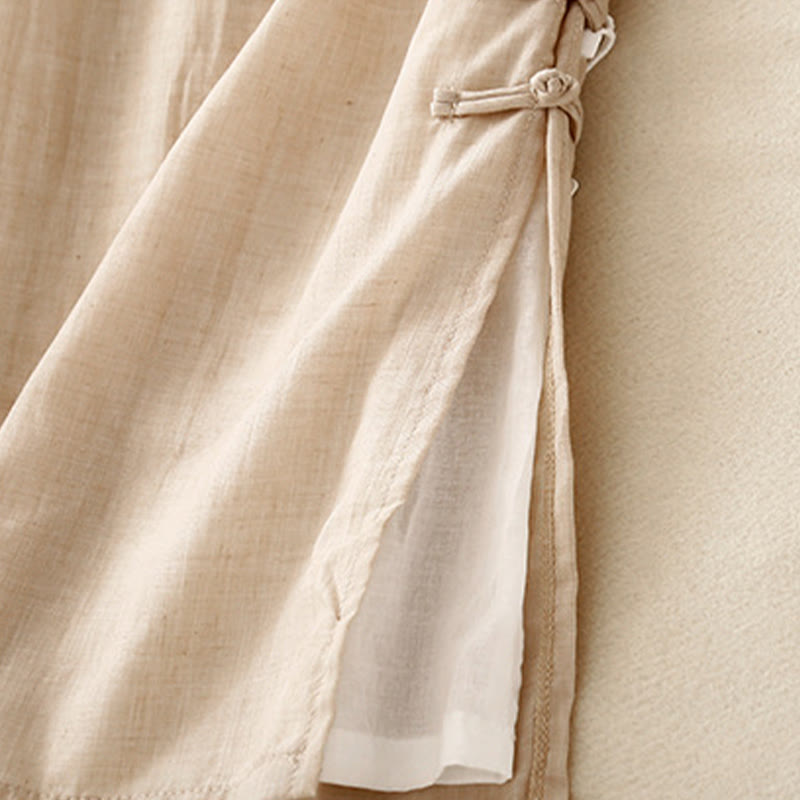 Pantaloni larghi da donna in cotone e lino con bottoni cinesi, tinta unita , Buddha Stones