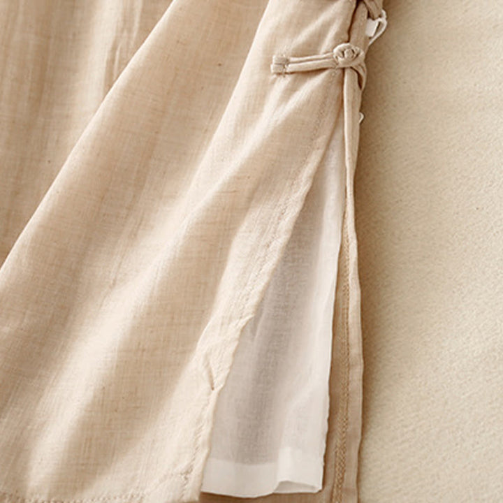 Pantaloni larghi da donna in cotone e lino con bottoni cinesi, tinta unita , Buddha Stones