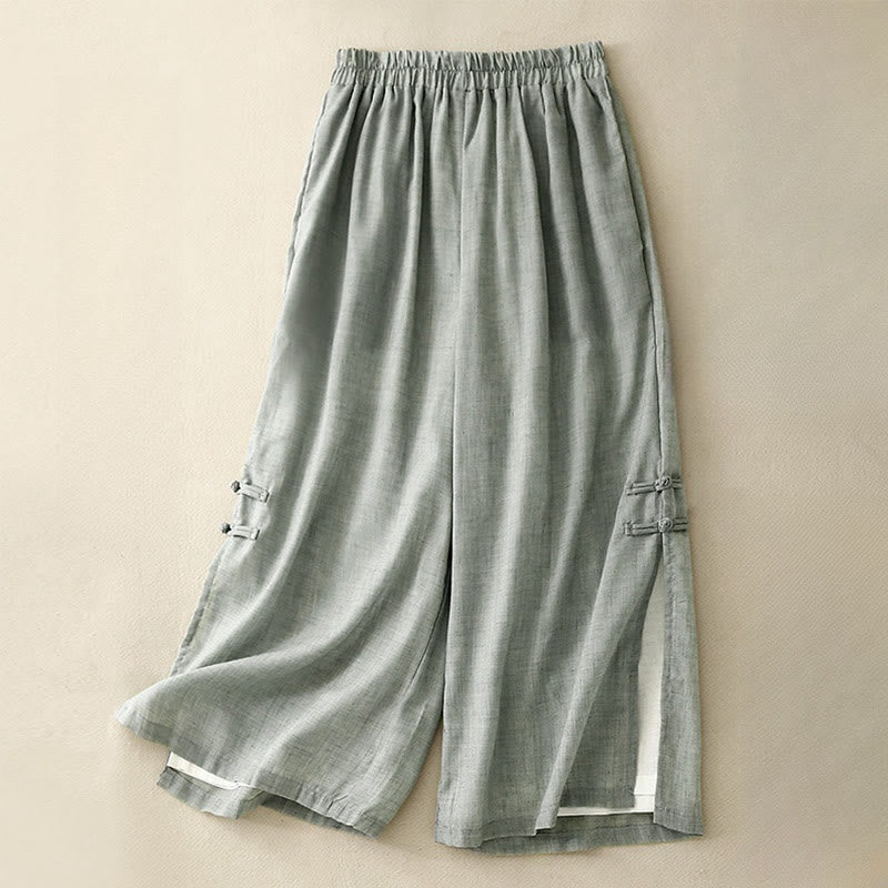 Pantaloni larghi da donna in cotone e lino con bottoni cinesi, tinta unita , Buddha Stones