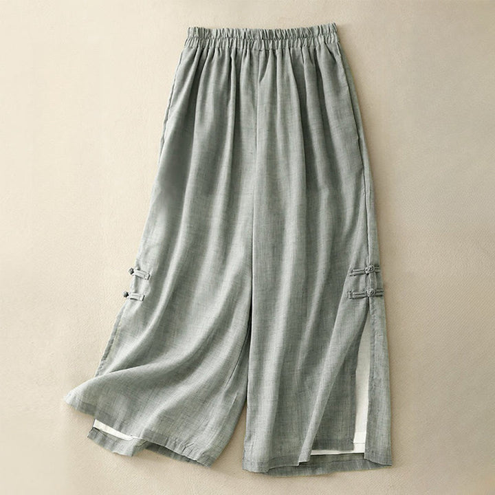 Pantaloni larghi da donna in cotone e lino con bottoni cinesi, tinta unita , Buddha Stones