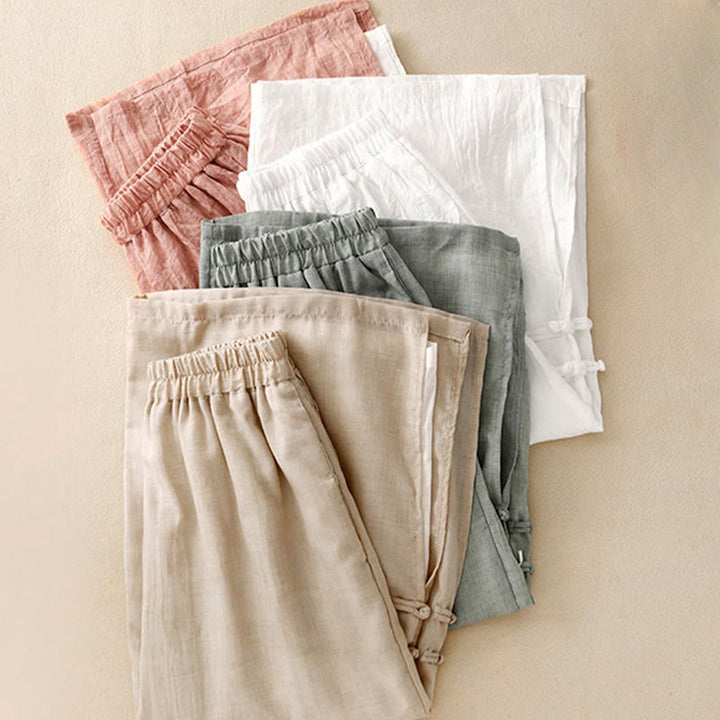 Pantaloni larghi da donna in cotone e lino con bottoni cinesi, tinta unita , Buddha Stones