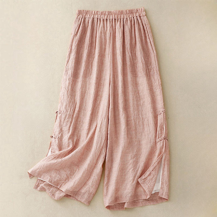 Pantaloni larghi da donna in cotone e lino con bottoni cinesi, tinta unita , Buddha Stones