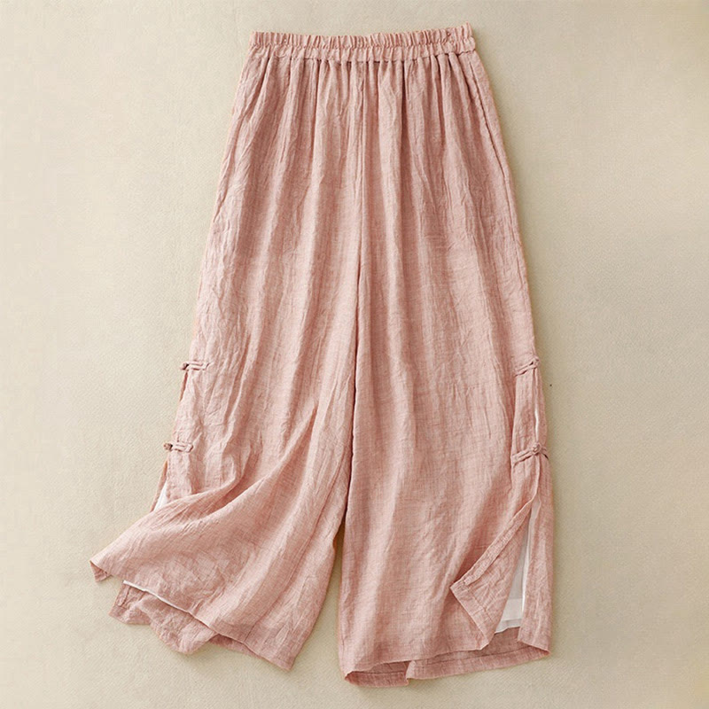Pantaloni larghi da donna in cotone e lino con bottoni cinesi, tinta unita , Buddha Stones - Rosa chiaro - US8-10, UK/AU12-14, EU40-42 (2XL) - image 0