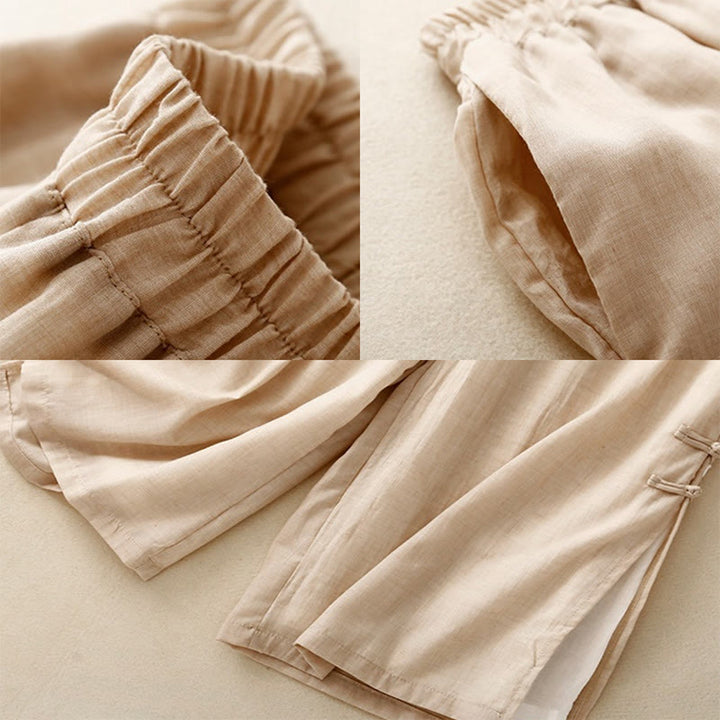 Pantaloni larghi da donna in cotone e lino con bottoni cinesi, tinta unita , Buddha Stones