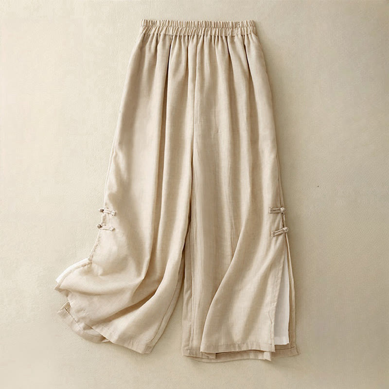 Pantaloni larghi da donna in cotone e lino con bottoni cinesi, tinta unita , Buddha Stones