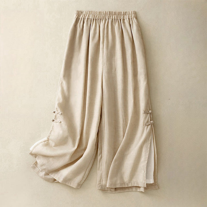 Pantaloni larghi da donna in cotone e lino con bottoni cinesi, tinta unita , Buddha Stones