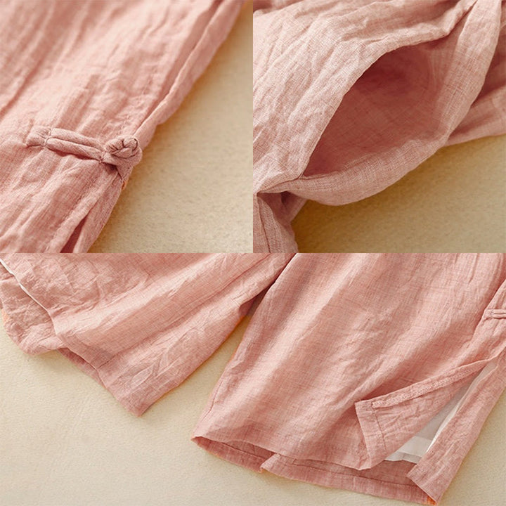 Pantaloni larghi da donna in cotone e lino con bottoni cinesi, tinta unita , Buddha Stones - image 2