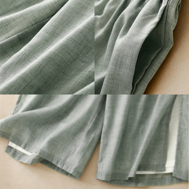 Pantaloni larghi da donna in cotone e lino con bottoni cinesi, tinta unita , Buddha Stones