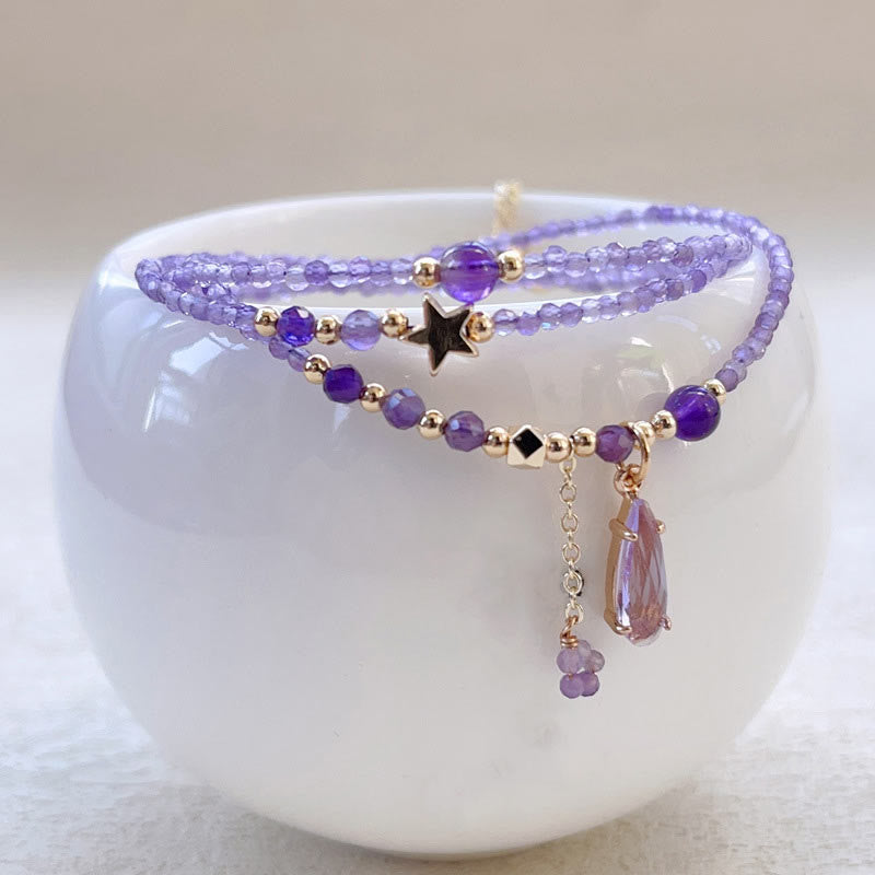 Braccialetto da meditazione a triplo giro con stella a goccia d'acqua in ametista naturale Buddha Stones
