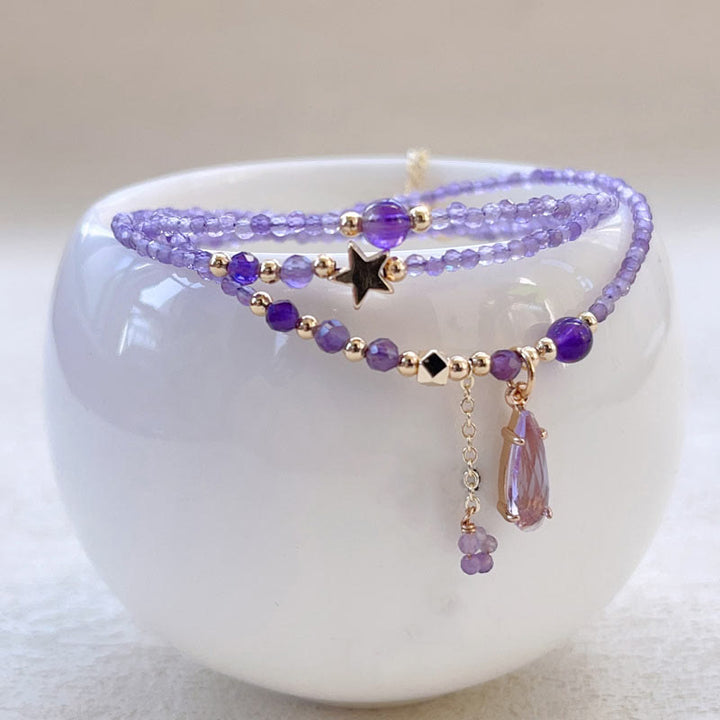 Braccialetto da meditazione a triplo giro con stella a goccia d'acqua in ametista naturale Buddha Stones