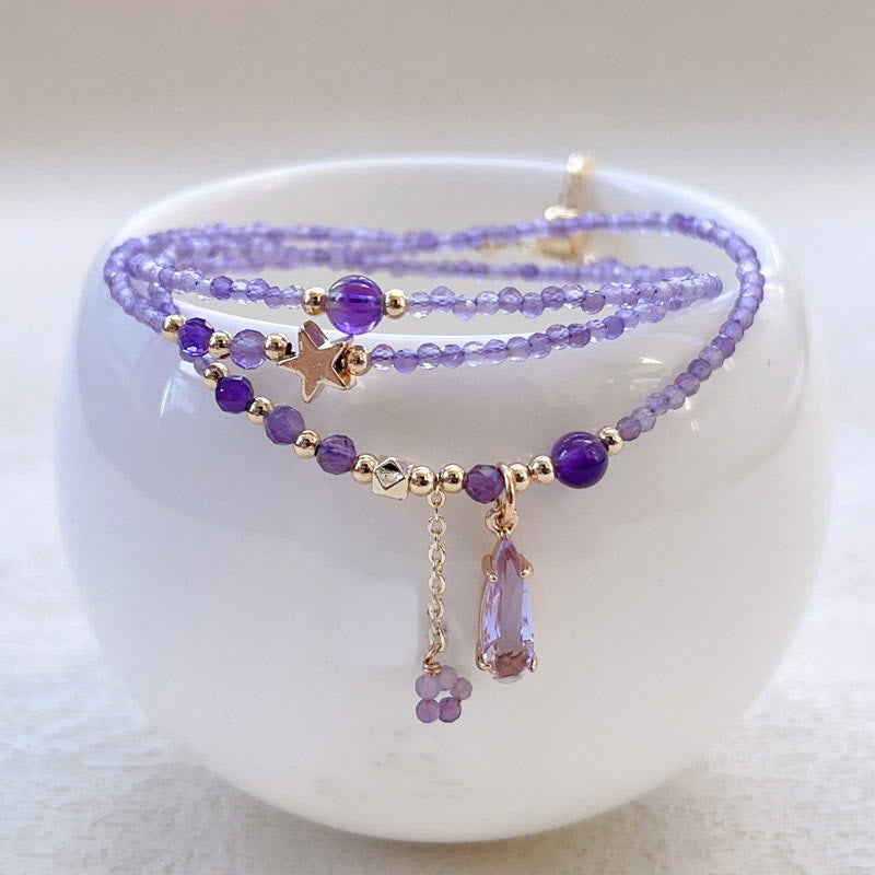 Braccialetto da meditazione a triplo giro con stella a goccia d'acqua in ametista naturale Buddha Stones