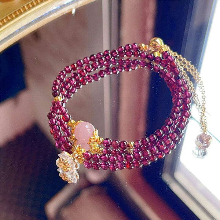 Braccialetto doppio giro in cristallo rosa e granato naturale Buddha Stones