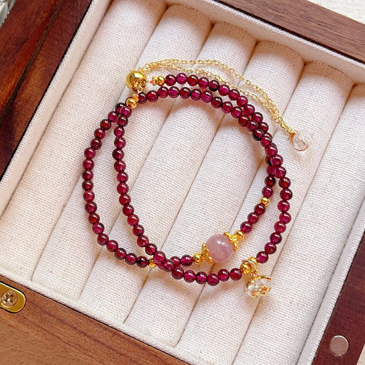 Braccialetto doppio giro in cristallo rosa e granato naturale Buddha Stones