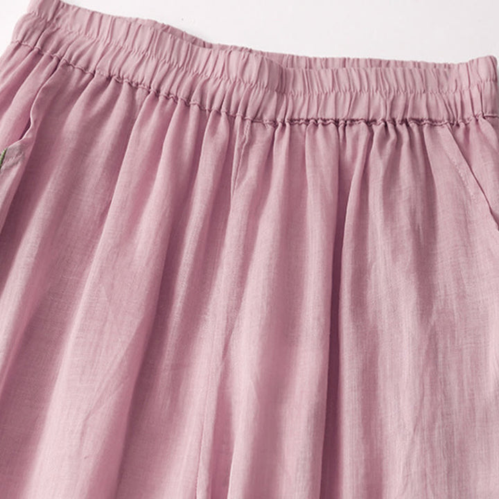 Pantaloni a gamba larga da donna in cotone e lino a doppio strato con ricamo estivo Buddha Stones con tasche