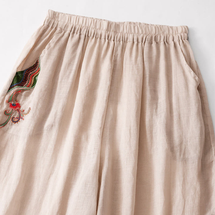 Pantaloni a gamba larga da donna in cotone e lino a doppio strato con ricamo estivo Buddha Stones con tasche