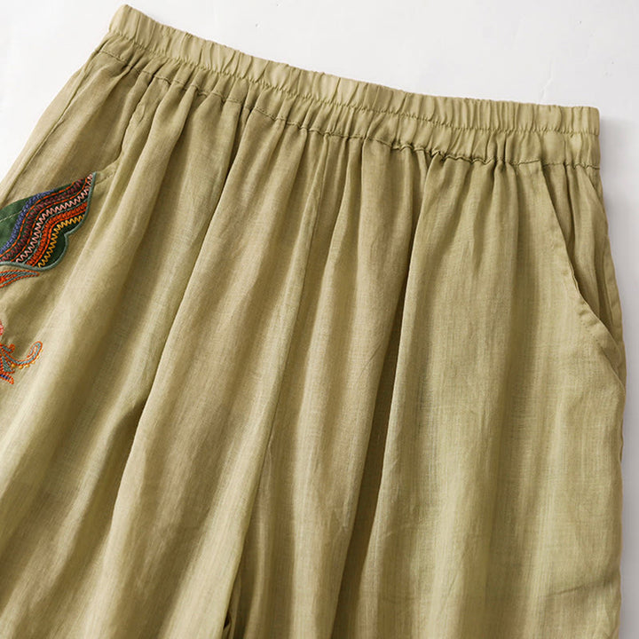 Pantaloni a gamba larga da donna in cotone e lino a doppio strato con ricamo estivo Buddha Stones con tasche