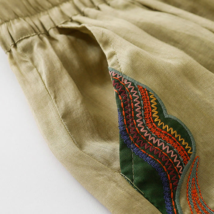 Pantaloni a gamba larga da donna in cotone e lino a doppio strato con ricamo estivo Buddha Stones con tasche