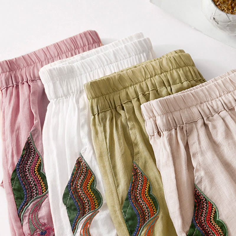 Pantaloni a gamba larga da donna in cotone e lino a doppio strato con ricamo estivo Buddha Stones con tasche