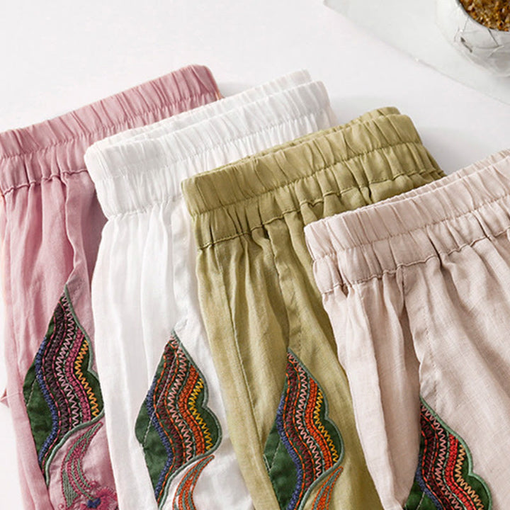 Pantaloni a gamba larga da donna in cotone e lino a doppio strato con ricamo estivo Buddha Stones con tasche