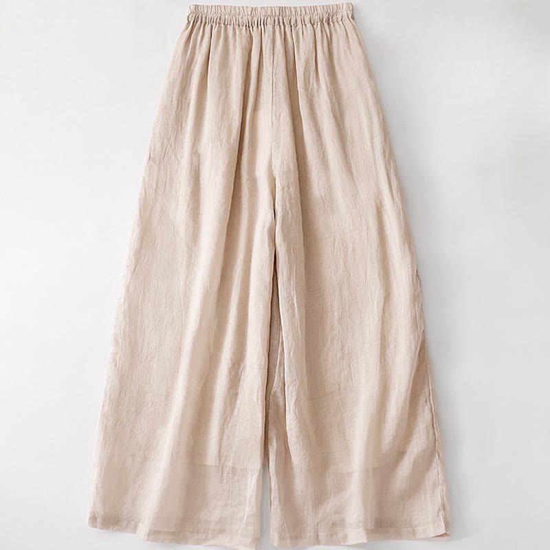 Pantaloni a gamba larga da donna in cotone e lino a doppio strato con ricamo estivo Buddha Stones con tasche