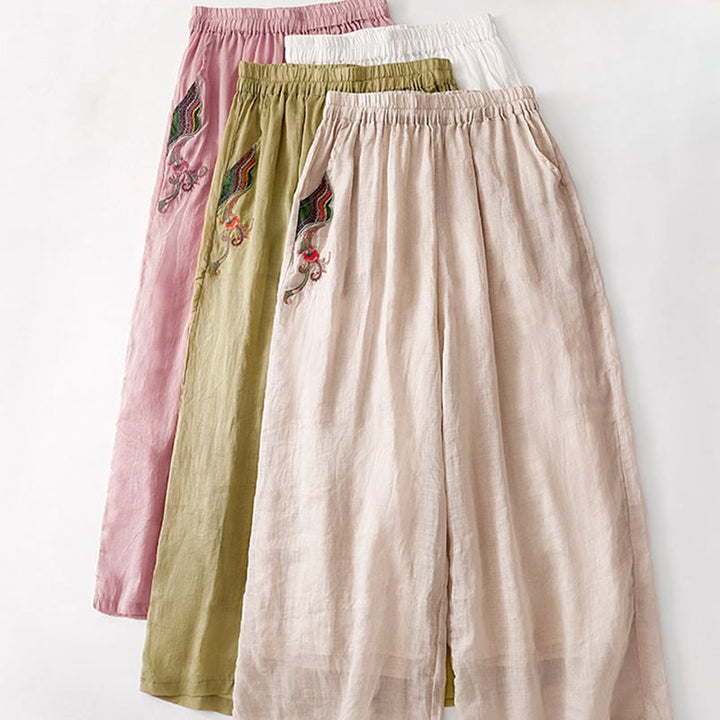 Pantaloni a gamba larga da donna in cotone e lino a doppio strato con ricamo estivo Buddha Stones con tasche