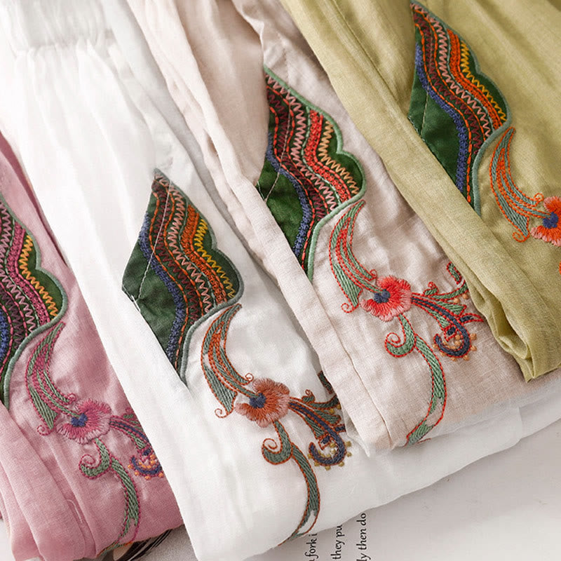 Pantaloni a gamba larga da donna in cotone e lino a doppio strato con ricamo estivo Buddha Stones con tasche