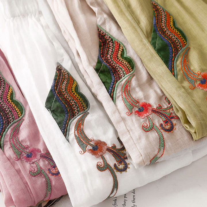 Pantaloni a gamba larga da donna in cotone e lino a doppio strato con ricamo estivo Buddha Stones con tasche