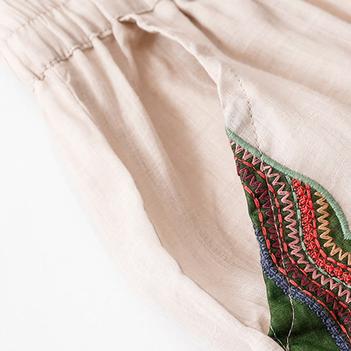 Pantaloni a gamba larga da donna in cotone e lino a doppio strato con ricamo estivo Buddha Stones con tasche