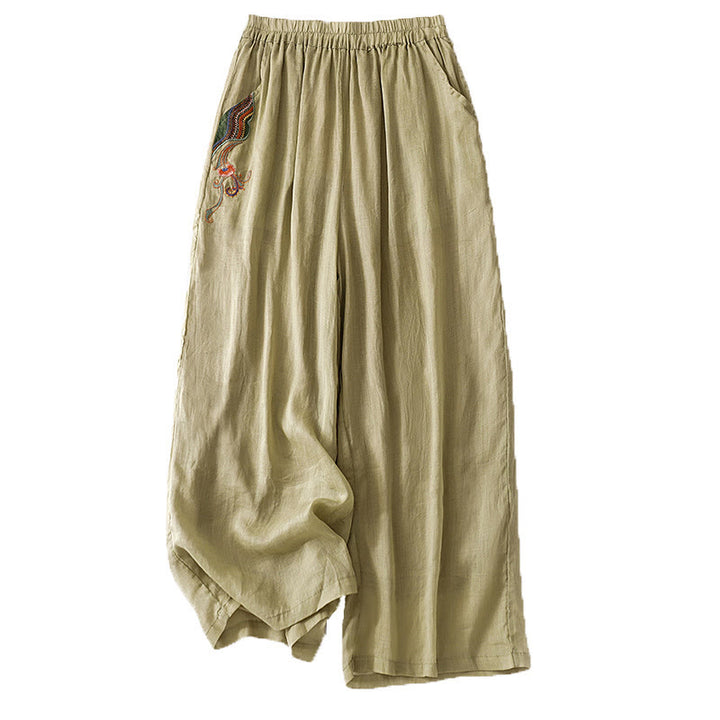 Pantaloni a gamba larga da donna in cotone e lino a doppio strato con ricamo estivo Buddha Stones con tasche