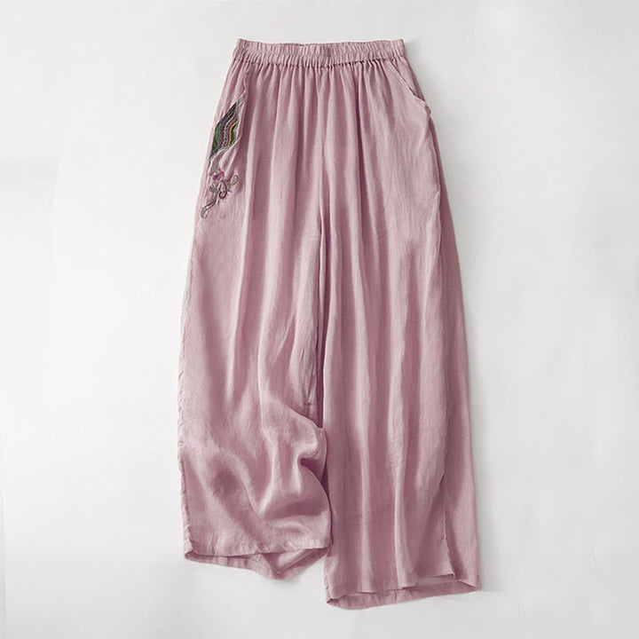 Pantaloni a gamba larga da donna in cotone e lino a doppio strato con ricamo estivo Buddha Stones con tasche