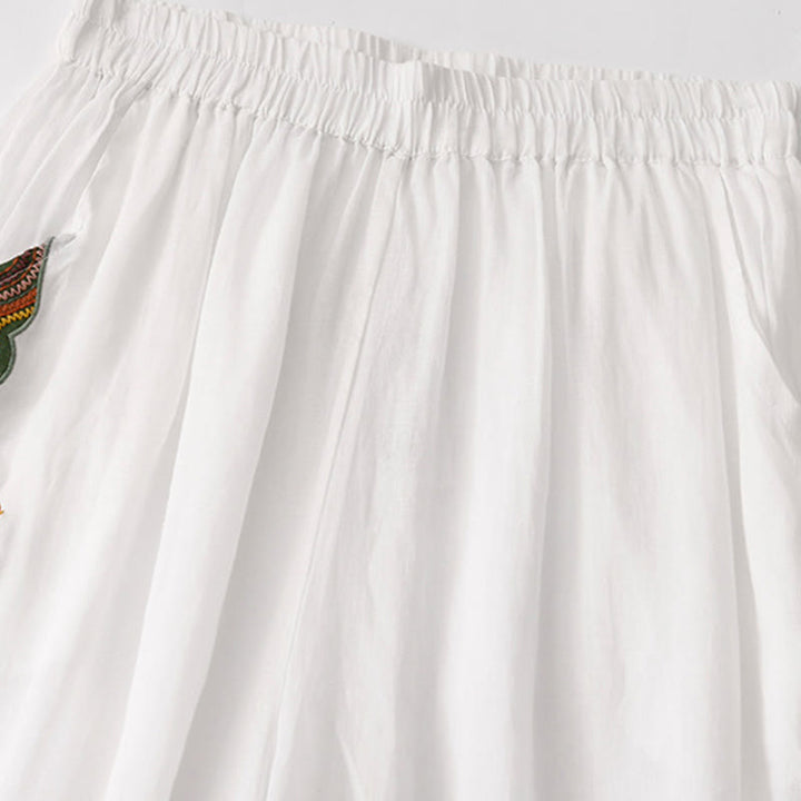 Pantaloni a gamba larga da donna in cotone e lino a doppio strato con ricamo estivo Buddha Stones con tasche