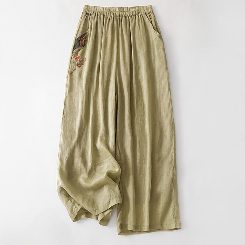 Pantaloni a gamba larga da donna in cotone e lino a doppio strato con ricamo estivo Buddha Stones con tasche - Cachi scuro - US8-10, UK/AU12-14, EU40-42 (2XL) - image 0