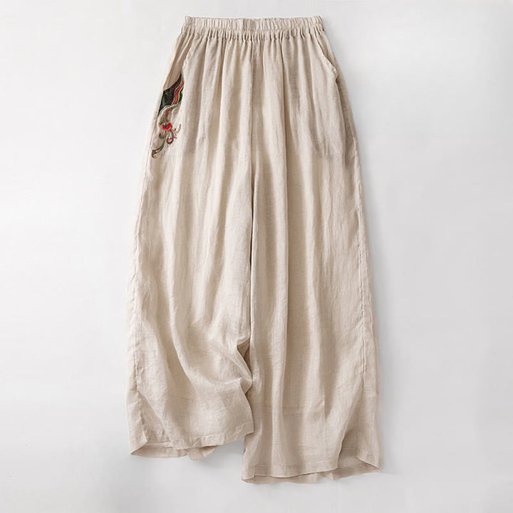 Pantaloni a gamba larga da donna in cotone e lino a doppio strato con ricamo estivo Buddha Stones con tasche