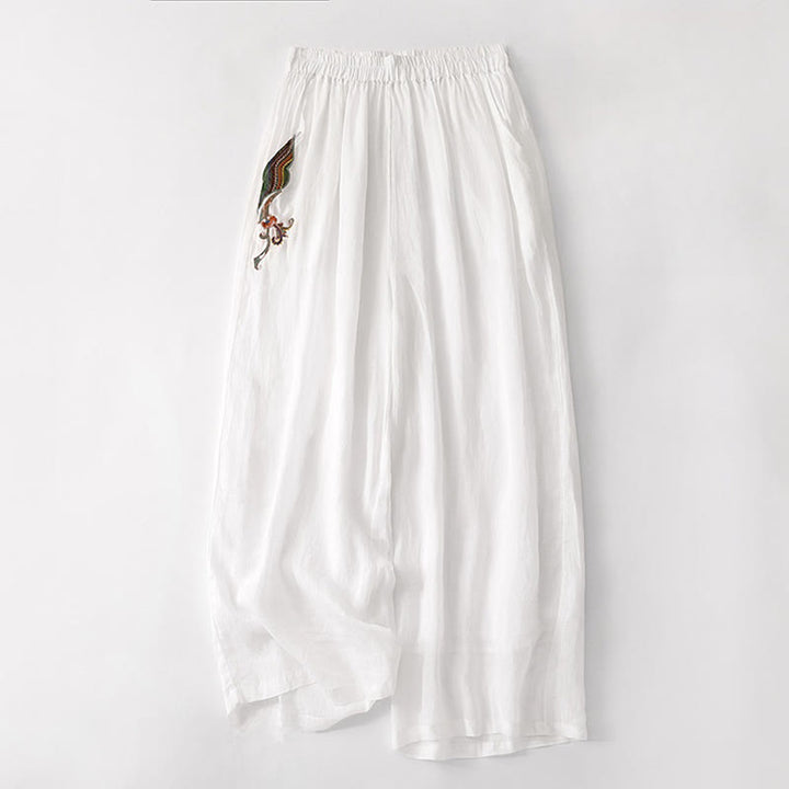 Pantaloni a gamba larga da donna in cotone e lino a doppio strato con ricamo estivo Buddha Stones con tasche