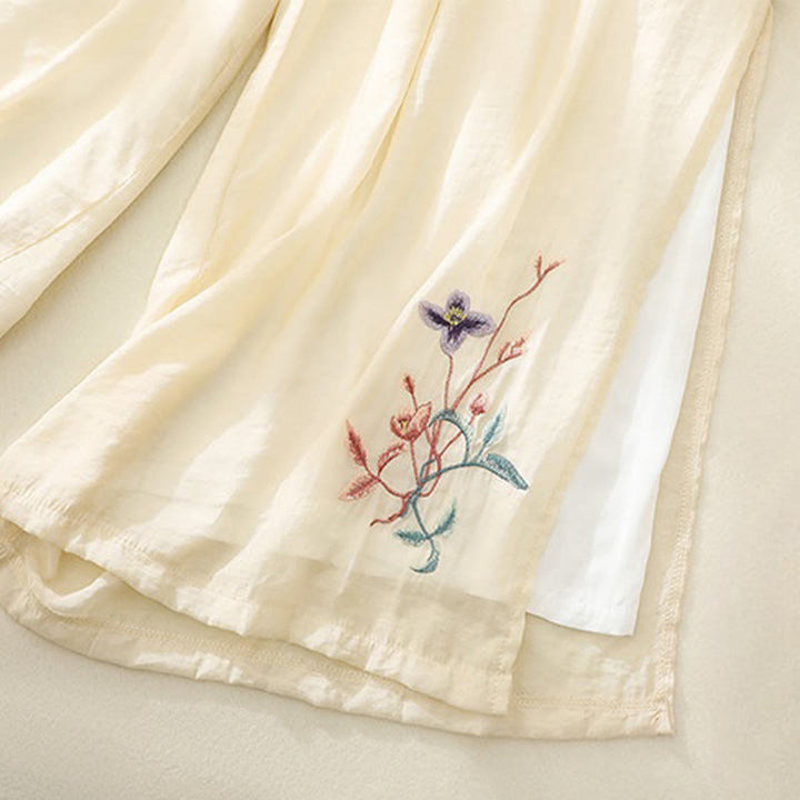 Pantaloni a gamba larga da donna in cotone e lino con bottoni cinesi a doppio strato, ricamo artistico con fiori Buddha Stones