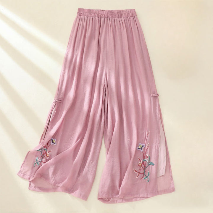 Pantaloni a gamba larga da donna in cotone e lino con bottoni cinesi a doppio strato, ricamo artistico con fiori Buddha Stones