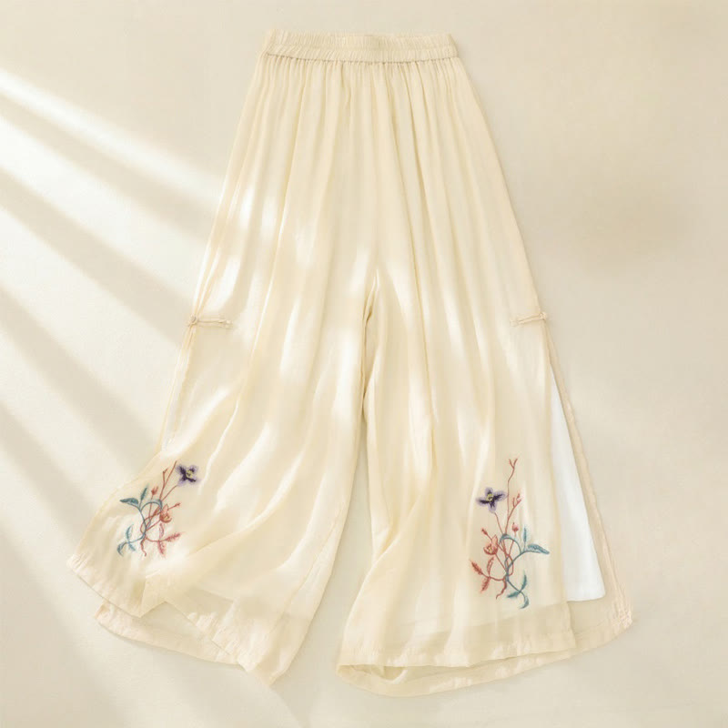 Pantaloni a gamba larga da donna in cotone e lino con bottoni cinesi a doppio strato, ricamo artistico con fiori Buddha Stones