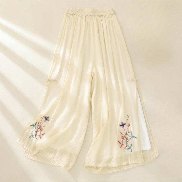 Pantaloni a gamba larga da donna in cotone e lino con bottoni cinesi a doppio strato, ricamo artistico con fiori Buddha Stones