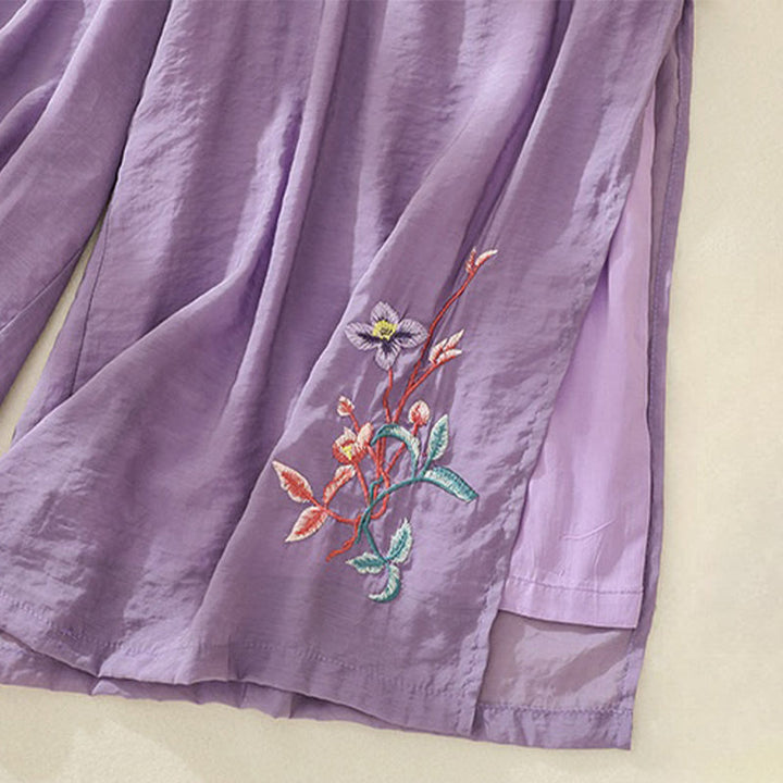 Pantaloni a gamba larga da donna in cotone e lino con bottoni cinesi a doppio strato, ricamo artistico con fiori Buddha Stones
