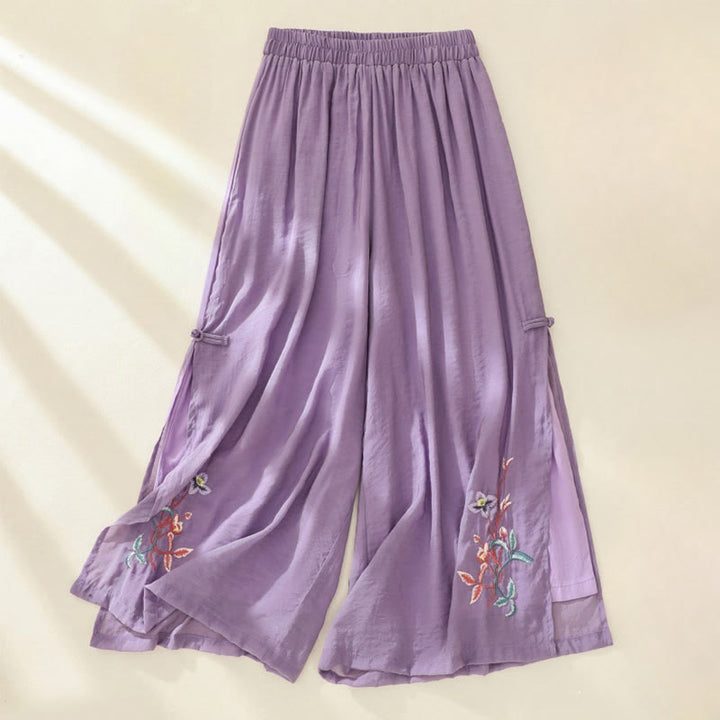 Pantaloni a gamba larga da donna in cotone e lino con bottoni cinesi a doppio strato, ricamo artistico con fiori Buddha Stones