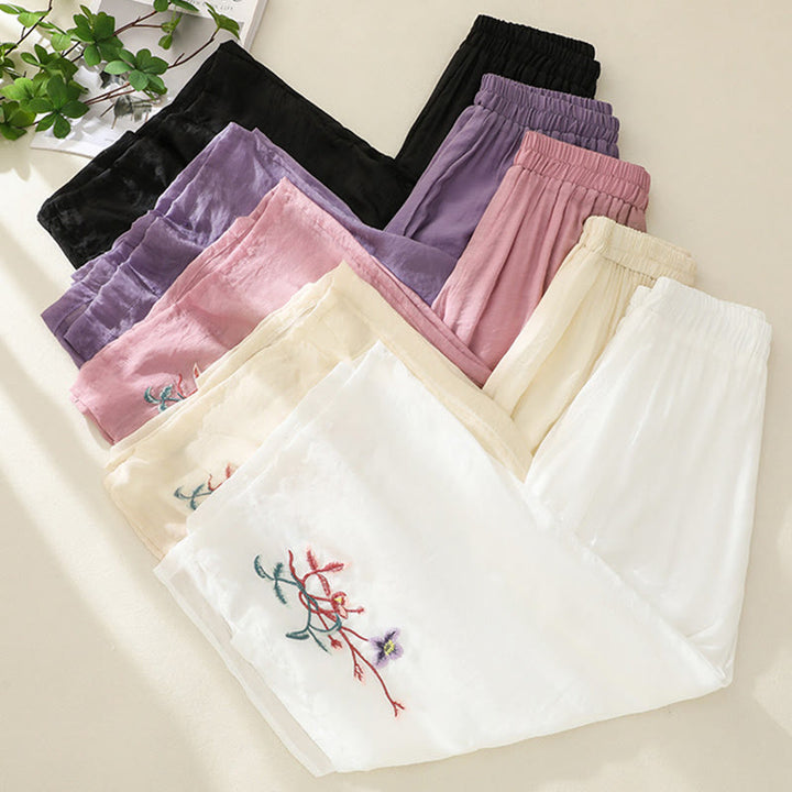 Pantaloni a gamba larga da donna in cotone e lino con bottoni cinesi a doppio strato, ricamo artistico con fiori Buddha Stones