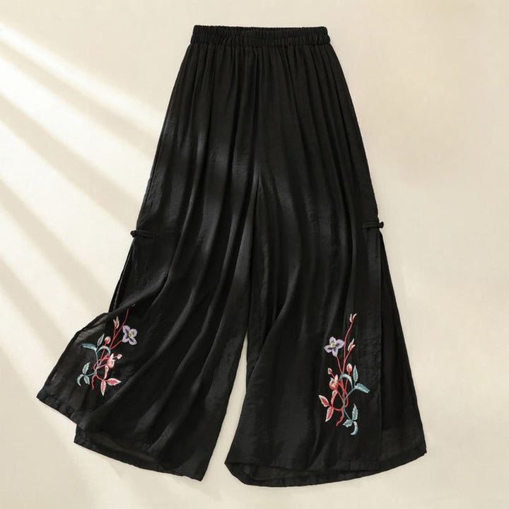 Pantaloni a gamba larga da donna in cotone e lino con bottoni cinesi a doppio strato, ricamo artistico con fiori Buddha Stones