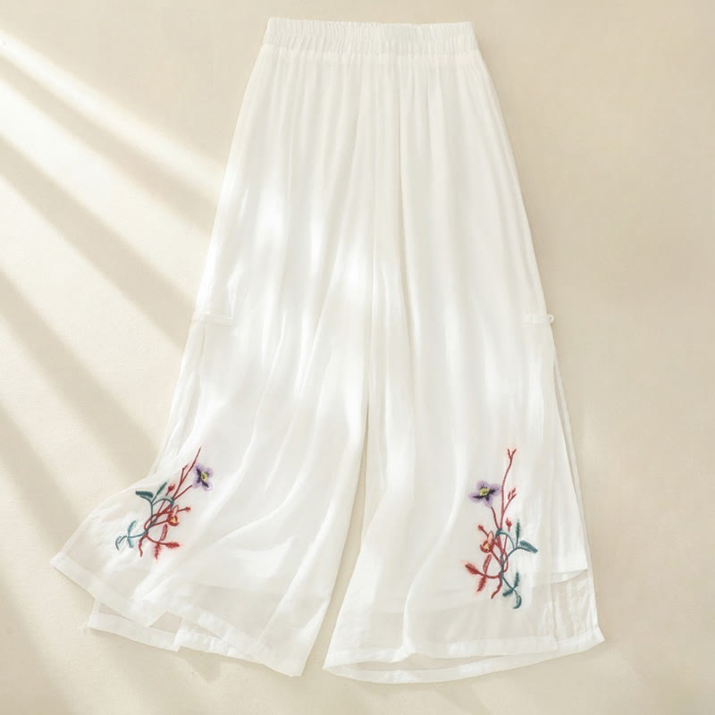 Pantaloni a gamba larga da donna in cotone e lino con bottoni cinesi a doppio strato, ricamo artistico con fiori Buddha Stones