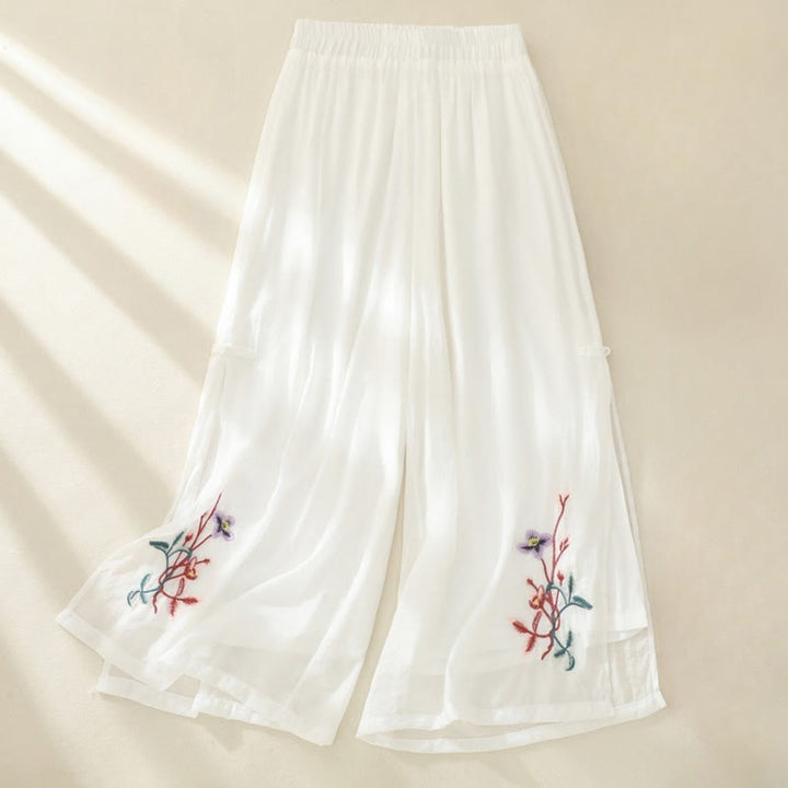 Pantaloni a gamba larga da donna in cotone e lino con bottoni cinesi a doppio strato, ricamo artistico con fiori Buddha Stones