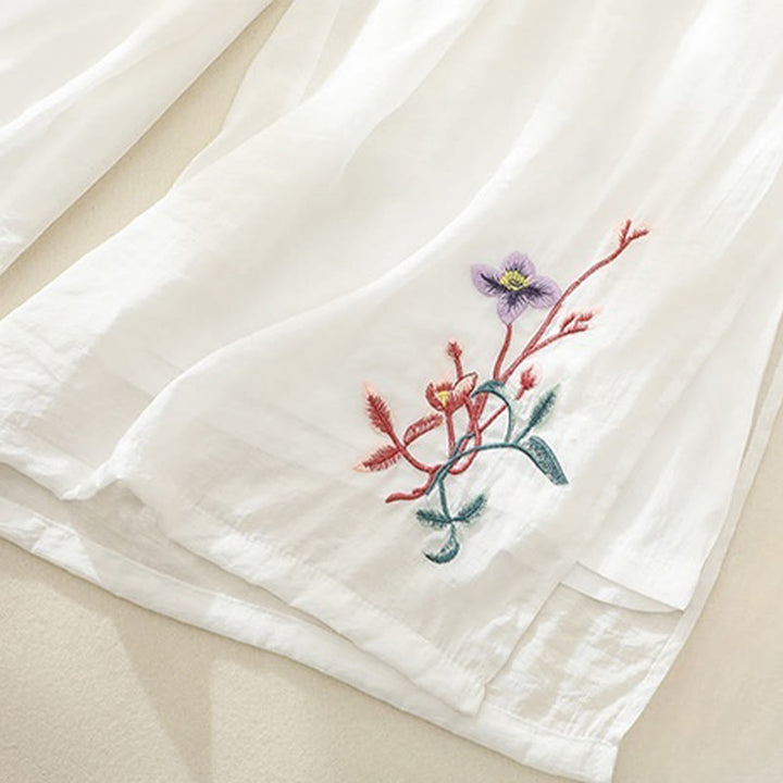 Pantaloni a gamba larga da donna in cotone e lino con bottoni cinesi a doppio strato, ricamo artistico con fiori Buddha Stones