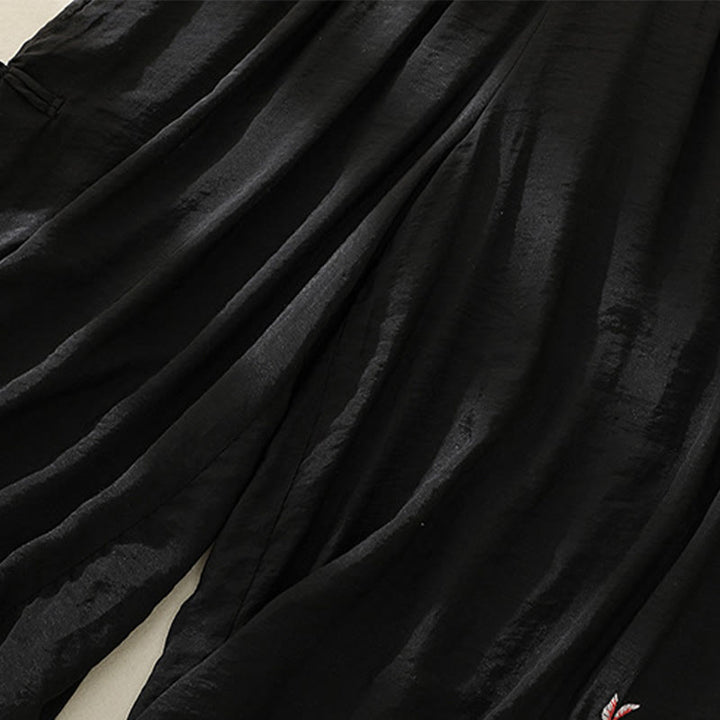 Pantaloni a gamba larga da donna in cotone e lino con bottoni cinesi a doppio strato, ricamo artistico con fiori Buddha Stones