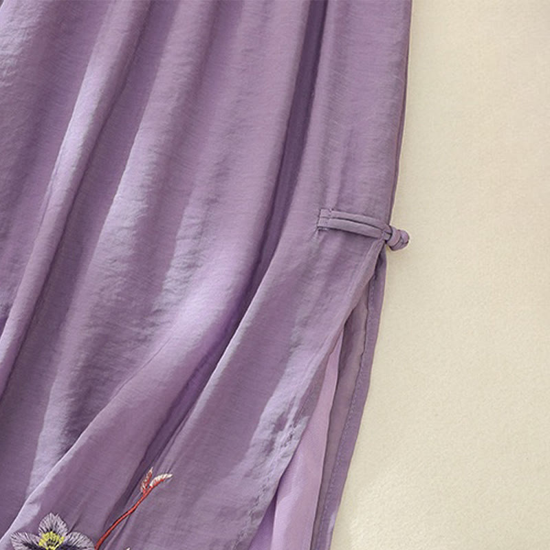 Pantaloni a gamba larga da donna in cotone e lino con bottoni cinesi a doppio strato, ricamo artistico con fiori Buddha Stones