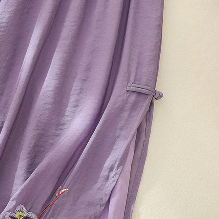 Pantaloni a gamba larga da donna in cotone e lino con bottoni cinesi a doppio strato, ricamo artistico con fiori Buddha Stones